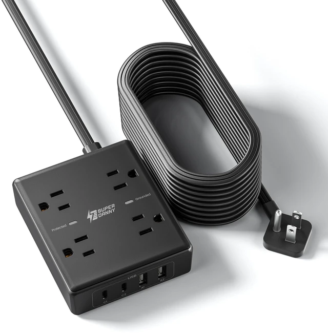 Main image of 10 Ft Long Extension Cord Flat Plug Power Strip Surge Protector 4 Outlets & 4 USB (2 USB-C) Charging Station for Home Office, College Dorm Room Essentials, Travel, Black