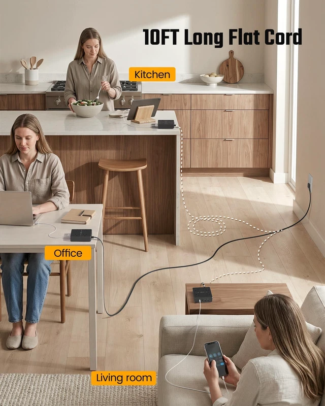Alt view image 3 of 7 - 10 Ft Long Extension Cord Flat Plug Power Strip Surge Protector 4 Outlets & 4 USB (2 USB-C) Charging Station for Home Office, College Dorm Room Essentials, Travel, Black