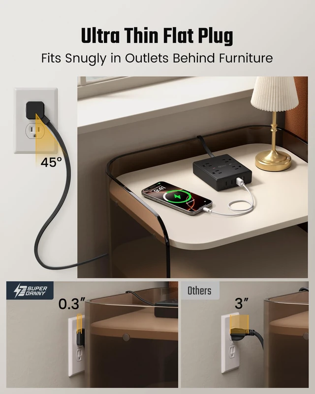 Alt view image 5 of 7 - 10 Ft Long Extension Cord Flat Plug Power Strip Surge Protector 4 Outlets & 4 USB (2 USB-C) Charging Station for Home Office, College Dorm Room Essentials, Travel, Black