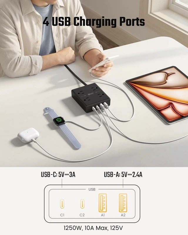 Alt view image 7 of 7 - 10 Ft Long Extension Cord Flat Plug Power Strip Surge Protector 4 Outlets & 4 USB (2 USB-C) Charging Station for Home Office, College Dorm Room Essentials, Travel, Black