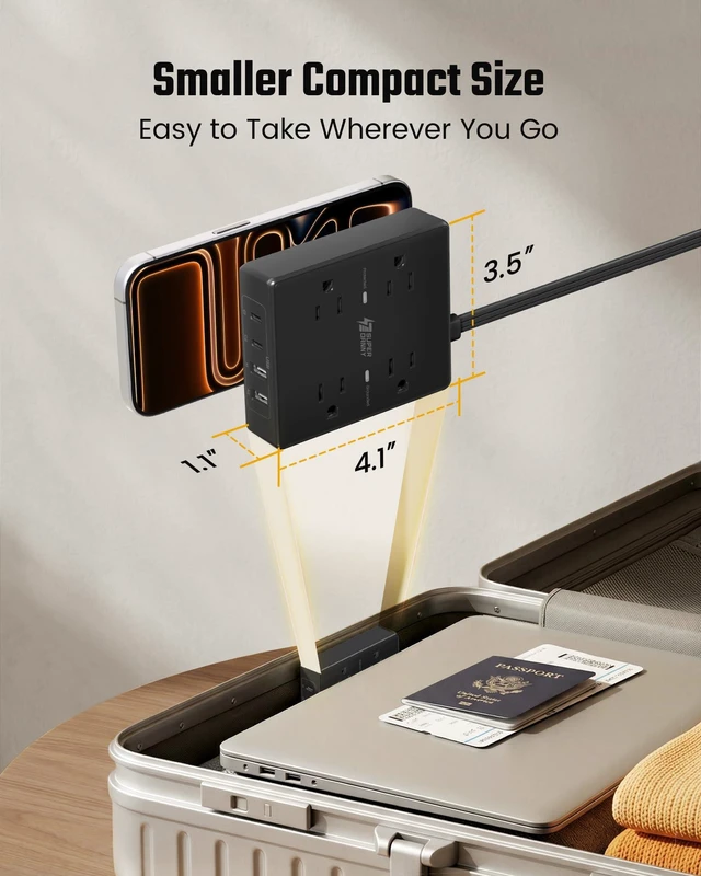 Alt view image 6 of 7 - 10 Ft Long Extension Cord Flat Plug Power Strip Surge Protector 4 Outlets & 4 USB (2 USB-C) Charging Station for Home Office, College Dorm Room Essentials, Travel, Black