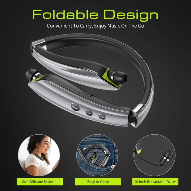 Alt view image 2 of 7 - Bluetooth Headset, Neckband Bluetooth Headphones with Retractable Earbuds 2026 Upgraded Noise Cancelling Stereo Earphones with Mic, Foldable Wireless Headphones for Sports Office w/Carry Case(Grey)