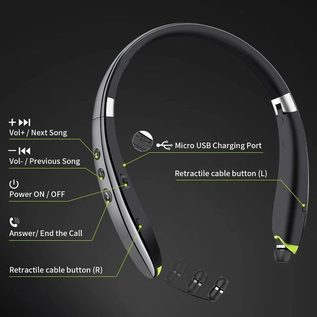 Alt view image 4 of 7 - Bluetooth Headset, Neckband Bluetooth Headphones with Retractable Earbuds 2026 Upgraded Noise Cancelling Stereo Earphones with Mic, Foldable Wireless Headphones for Sports Office w/Carry Case(Grey)
