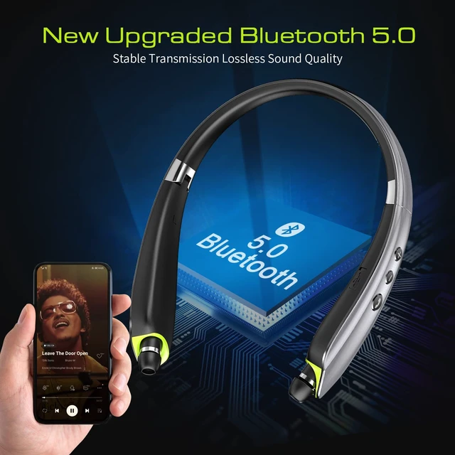 Alt view image 5 of 7 - Bluetooth Headset, Neckband Bluetooth Headphones with Retractable Earbuds 2026 Upgraded Noise Cancelling Stereo Earphones with Mic, Foldable Wireless Headphones for Sports Office w/Carry Case(Grey)