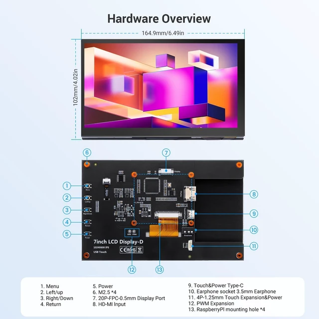 Alt view image 7 of 7 - 7 Inch Touchscreen Monitor for Raspberry Pi, 1024X600 IPS HD Capacitive Touch Screen Display with Acrylic Stand, Plug and Play, Compatible with Raspberry Pi 5/4/3, Banana Pi, Jetson Nano