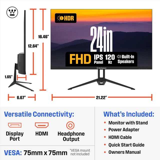 Alt view image 4 of 7 - 24 Inch FHD 1080P IPS 120Hz Computer & Gaming Monitor with HDR 1ms Adaptive Sync for Work or Gaming HDMI DP VGA Inputs 300 Nits Preset Game Modes HDR Built-in Speakers Eye Care Technology