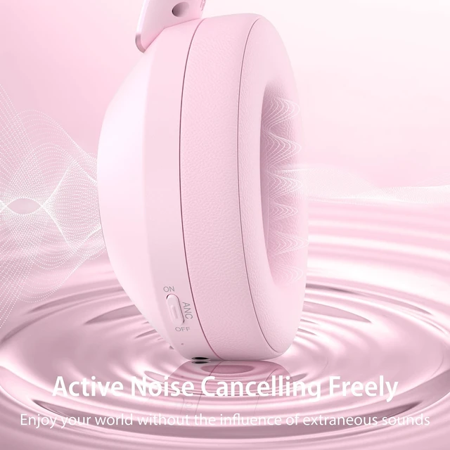 Alt view image 2 of 7 - Active Noise Cancelling Headphones, 100H Bluetooth Headphones Wireless Headphone with Microphone, Over Ear Headphones Wireless with Deep Bass, Fast Charging for Travel, Work, Study-Pink