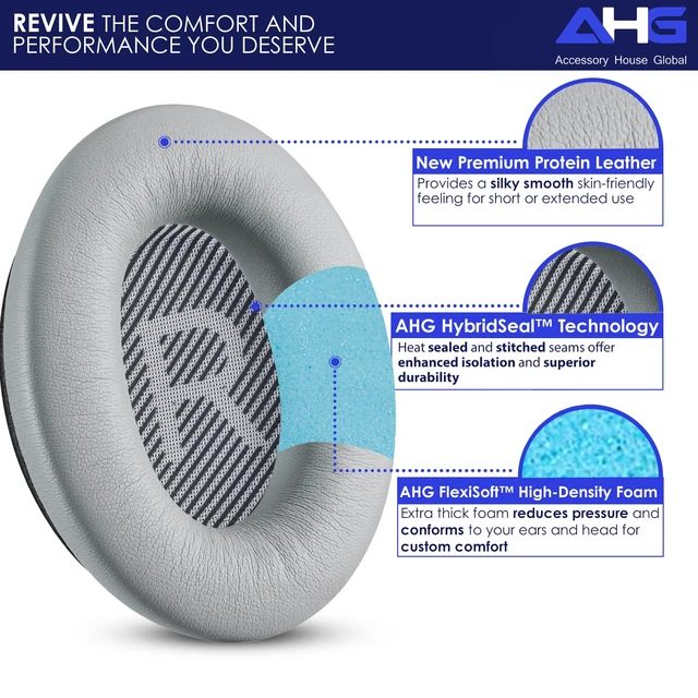 Alt view image 2 of 7 - qc Replacement Ear Pads Cushions Compatible with Bose QuietComfort 35 II / QC35, QCSE, QCSC and QC45 Wireless Headphones (Gray) - Premium Material Extra Thick Durable