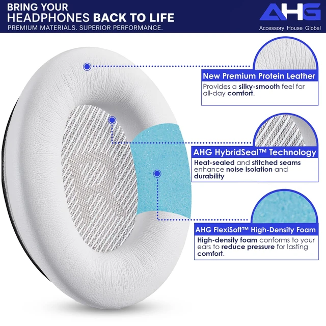 Alt view image 3 of 7 - qc Replacement Ear Pads Cushions Compatible with Bose QuietComfort 35 II / QC35, QCSE, QCSC and QC45 Wireless Headphones (White) - Premium Material Extra Thick Durable