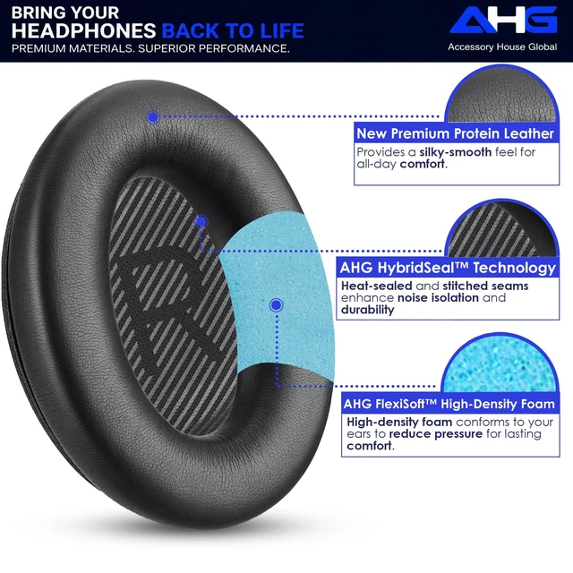 Alt view image 3 of 7 - QC45 Ear Pads Compatible with Bose QuietComfort 45 35 QC35 II QCSC QCSE Easy DIY Fit Premium Protein Leather Extra Thick Soft High-Density Foam