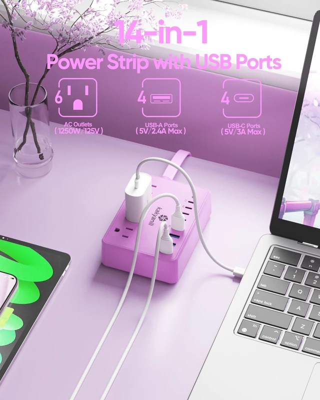 Alt view image 2 of 6 - 8 USB Purple Power Strip with 6 AC(4 USB-C), 5 FT Extension Cord Purple Extension Cord with Multiple Outlets, USB Charging Station, Kawaii Gift for Desk Home, Office, Dorm