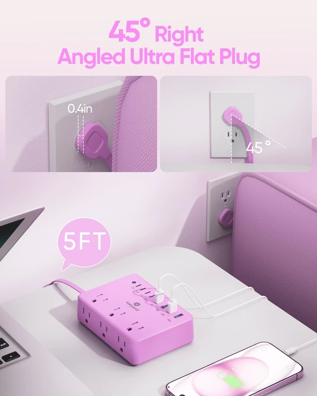 Alt view image 4 of 6 - 8 USB Purple Power Strip with 6 AC(4 USB-C), 5 FT Extension Cord Purple Extension Cord with Multiple Outlets, USB Charging Station, Kawaii Gift for Desk Home, Office, Dorm