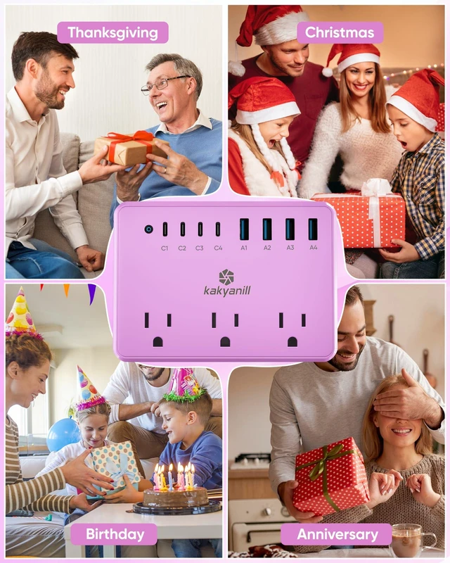 Alt view image 6 of 6 - 8 USB Purple Power Strip with 6 AC(4 USB-C), 5 FT Extension Cord Purple Extension Cord with Multiple Outlets, USB Charging Station, Kawaii Gift for Desk Home, Office, Dorm