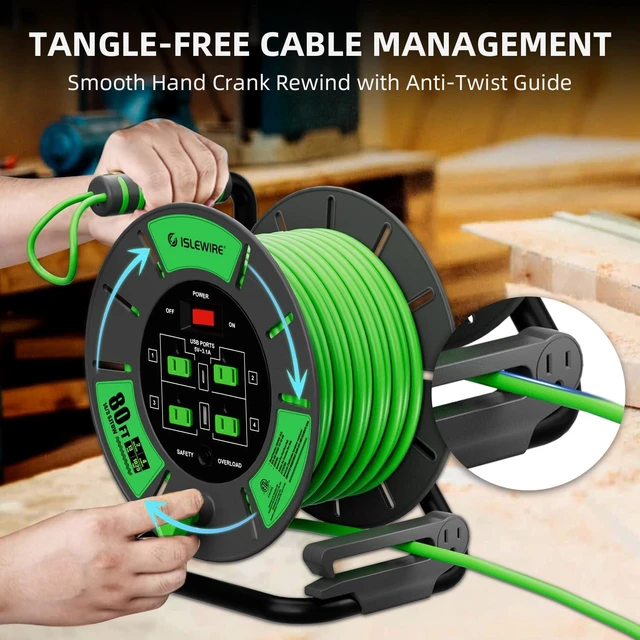 Alt view image 5 of 7 - Retractable Extension Cord Reel 80 FT, 14AWG SJTOW Heavy Duty Power Cord with 4 Grounded Outlets, USB-A & USB-C Ports, 13A Circuit Breaker, Hand Crank for Indoor Outdoor Use, ETL Listed, Green