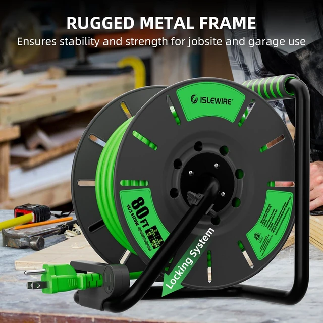 Alt view image 6 of 7 - Retractable Extension Cord Reel 80 FT, 14AWG SJTOW Heavy Duty Power Cord with 4 Grounded Outlets, USB-A & USB-C Ports, 13A Circuit Breaker, Hand Crank for Indoor Outdoor Use, ETL Listed, Green