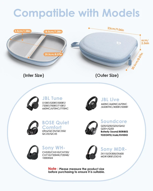 Alt view image 2 of 6 - Headphone Case Hard Shell Super-Slim for Soundcore Anker/Sony/JBL/Bose Fits Skullcandy Crusher/BERIBES/KVIDIO/TOZO/JLab Over-Ear Headphones, Universal Portable Travel Organizer Bag