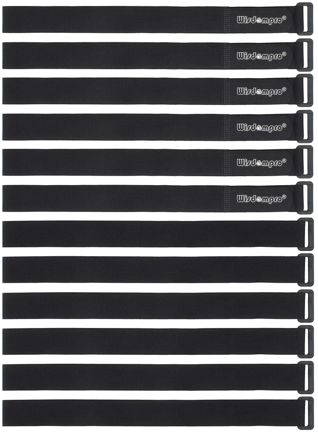 Main image of 12 Pack 1 x 24 Inch Long Hook and Loop Tie Down Straps Heavy Duty Durable Nylon, Reusable, Large, Wide, Black, Functional Adjustable Fastening Cinch Strap Cable Cord for Home, Office, Outdoor