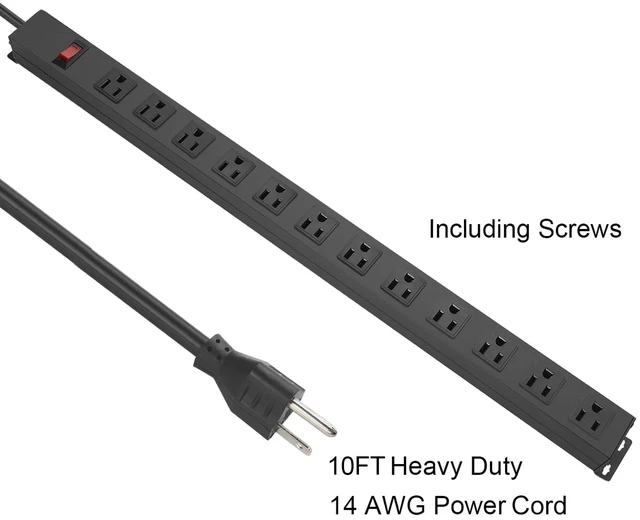 Alt view image 4 of 7 - Long Power Strip Surge Protector, 12 Ports, Black, 10FT Heavy Duty, Extension Cord Multiple Outlets, Wide Spaced, Metal, Large, Wall Mount Plug Extender, Under Desk, Garage