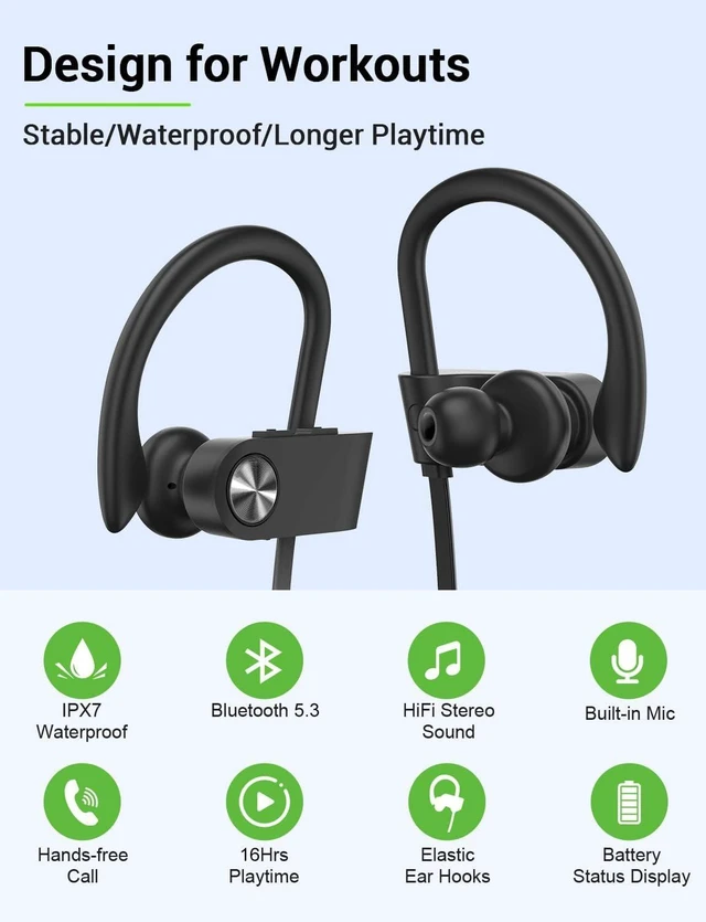 Alt view image 2 of 7 - Bluetooth 5.3 Headphones, Wireless Sports In-Ear Earbuds IPX7 Waterproof 16 Hours Playtime, Sweatproof Stereo Earphones with MIC, Noise Cancelling Headsets for Gym Running Workout, Clear Sound