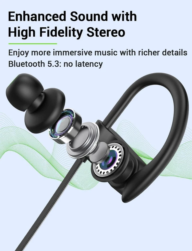 Alt view image 3 of 7 - Bluetooth 5.3 Headphones, Wireless Sports In-Ear Earbuds IPX7 Waterproof 16 Hours Playtime, Sweatproof Stereo Earphones with MIC, Noise Cancelling Headsets for Gym Running Workout, Clear Sound