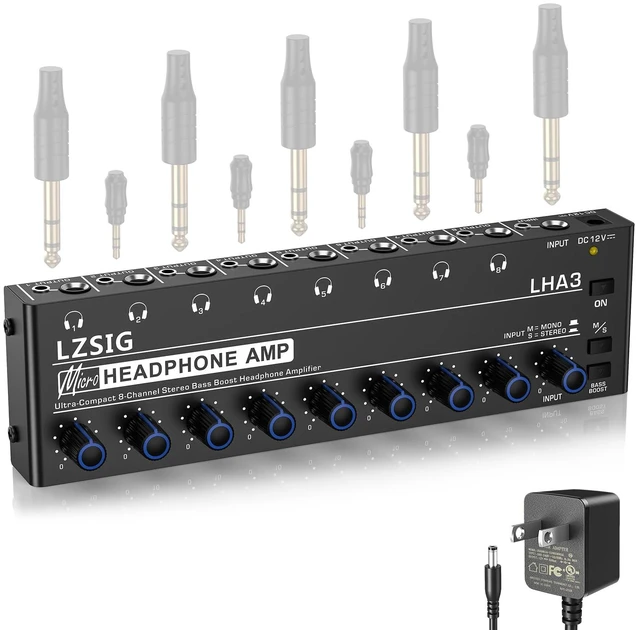 Main image of Headphone Amplifier with Bass Boost, 8 Channel, 1IN 8 OUT, 12V Metal Stereo Audio Amplifier, Mini Earphone Splitter with Power Adapter, 1/4" & 1/8" TRS Headphones Output & TRS Audio Input