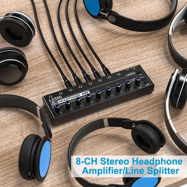 Alt view image 5 of 7 - Headphone Amplifier with Bass Boost, 8 Channel, 1IN 8 OUT, 12V Metal Stereo Audio Amplifier, Mini Earphone Splitter with Power Adapter, 1/4" & 1/8" TRS Headphones Output & TRS Audio Input