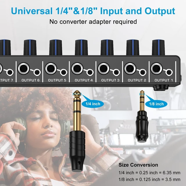 Alt view image 6 of 7 - Headphone Amplifier with Bass Boost, 8 Channel, 1IN 8 OUT, 12V Metal Stereo Audio Amplifier, Mini Earphone Splitter with Power Adapter, 1/4" & 1/8" TRS Headphones Output & TRS Audio Input