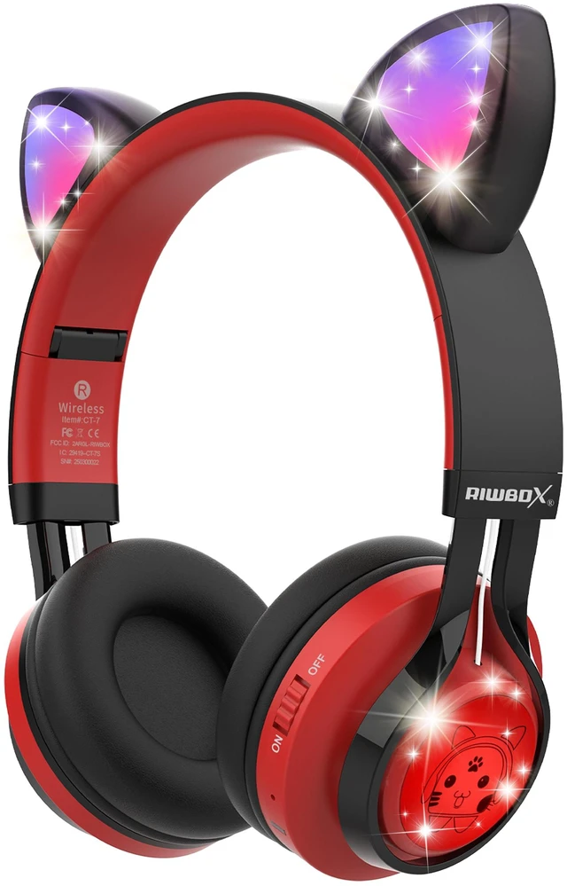 Main image of CT-7 Cat Ear Bluetooth Headphones, LED Light Up Bluetooth Wireless Over Ear Headphones with Microphone and Volume Control for Travel/School/Smartphones/Laptop/PC/TV Red&Black