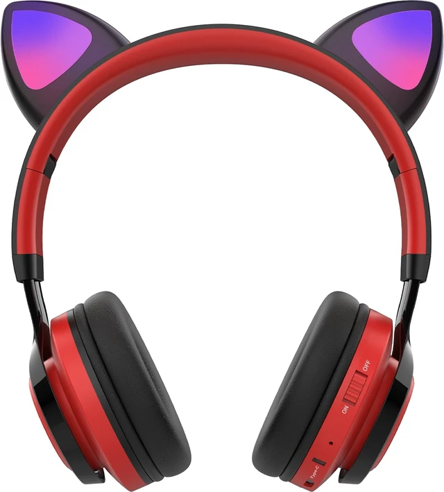Alt view image 2 of 7 - CT-7 Cat Ear Bluetooth Headphones, LED Light Up Bluetooth Wireless Over Ear Headphones with Microphone and Volume Control for Travel/School/Smartphones/Laptop/PC/TV Red&Black