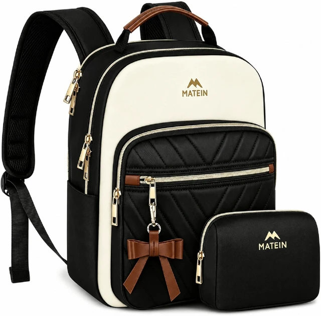 Main image of Mini Backpack Purse for Women, Small Daypack, 2pcs Sets, Black-Beige Waterproof Fashion Cute Backpack, Casual Daily Shoulder Bag Handbags, Ladies Girls Bookbag, for Travel Work School College