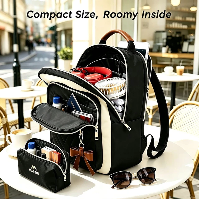 Alt view image 4 of 7 - Mini Backpack Purse for Women, Small Daypack, 2pcs Sets, Black-Beige Waterproof Fashion Cute Backpack, Casual Daily Shoulder Bag Handbags, Ladies Girls Bookbag, for Travel Work School College