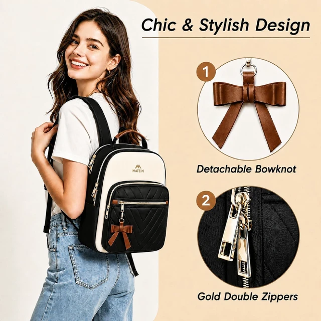 Alt view image 5 of 7 - Mini Backpack Purse for Women, Small Daypack, 2pcs Sets, Black-Beige Waterproof Fashion Cute Backpack, Casual Daily Shoulder Bag Handbags, Ladies Girls Bookbag, for Travel Work School College