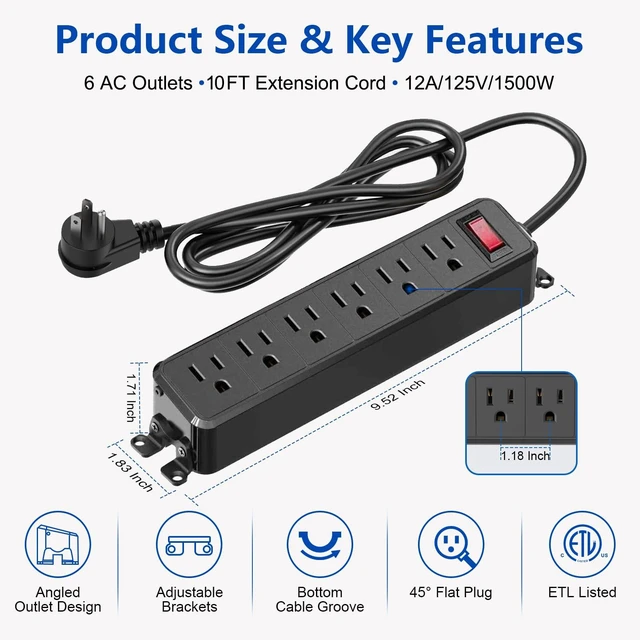 Alt view image 2 of 7 - 6 Outlet Small Power Strip, Black, Mountable, 10 ft Cord Wall Mount, Overload Protection Switch, 16AWG Flat Plug Extension Cord, for Home, Office, School, ETL Listed