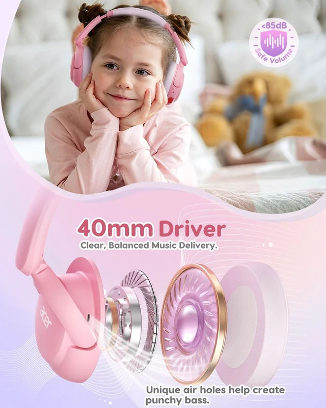 Alt view image 2 of 7 - Kids Bluetooth Headphones, 85dB Limiter, 75H, w/Mic OHR725 Foldable Wireless Over Ear Headphones, Bluetooth 5.4, for Toddler School/iPad/Tablet/PC/Travel, Pink