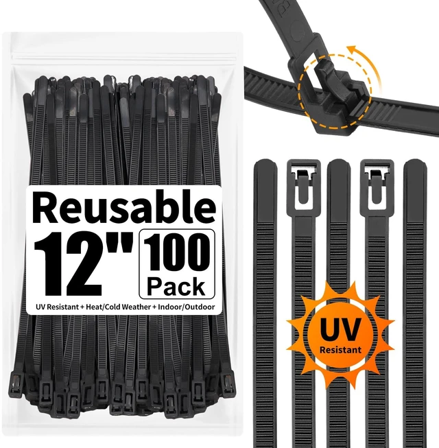 Main image of 100 Pack Reusable Zip Ties 12 Inch Heavy Duty UV Resistant Cable Ties Black Reusable Trigger Release / Heavy Duty Nylon / UV Weatherproof / Non-Slip Self-Locking / Smooth Round Ending No Hurt
