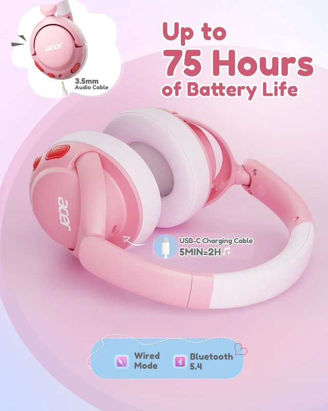 Alt view image 7 of 7 - Kids Bluetooth Headphones, 85dB Limiter, 75H, w/Mic OHR725 Foldable Wireless Over Ear Headphones, Bluetooth 5.4, for Toddler School/iPad/Tablet/PC/Travel, Pink