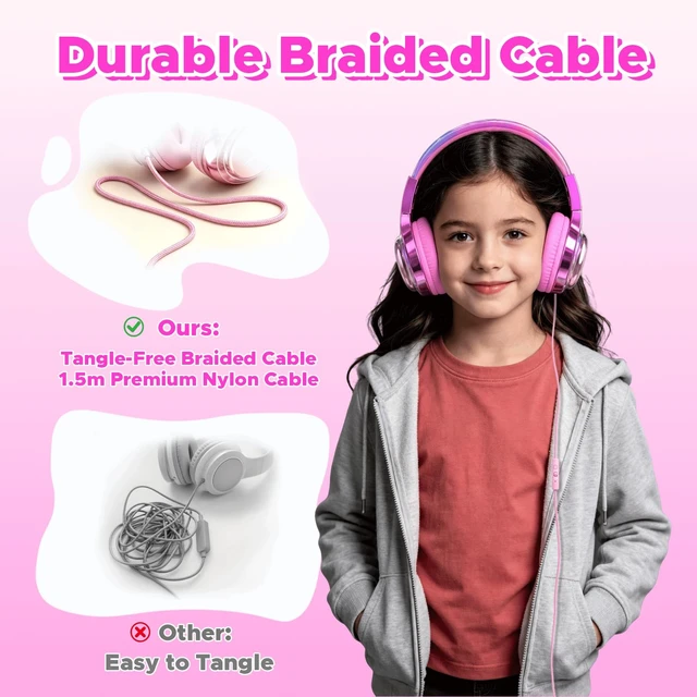 Alt view image 7 of 7 - Kids Headphones with Cord with Mic, 85/94dB Safe Volume Limit HD mic, over-ear foldable, 3.5mm for iPad, tablet, computer, Kids Wired Headphones for school, travel, boys girls Bolt Series