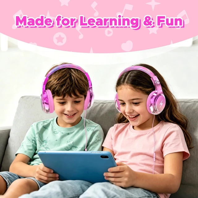 Alt view image 4 of 7 - Kids Headphones with Cord with Mic, 85/94dB Safe Volume Limit HD mic, over-ear foldable, 3.5mm for iPad, tablet, computer, Kids Wired Headphones for school, travel, boys girls Bolt Series