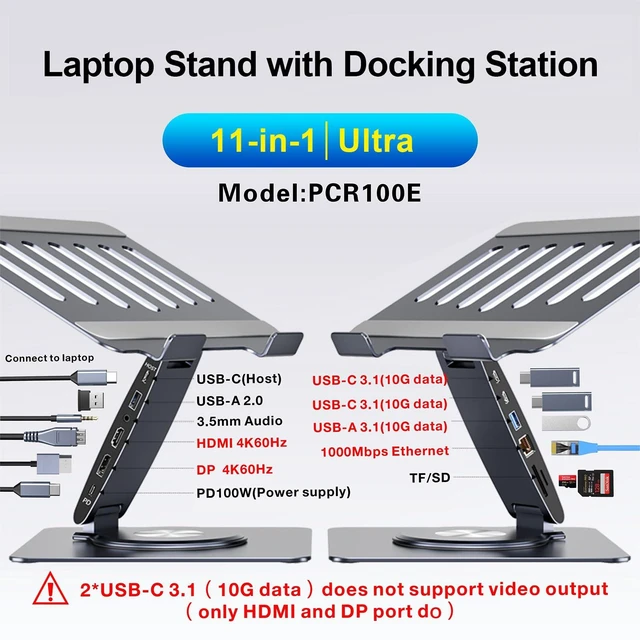 Alt view image 2 of 7 - Laptop Docking Station Stand 11-IN-1 Triple Display HDMI DP 4K60Hz Gigabit Ethernet USB3.1 PD100W SD/TF Card Reader Audio 360°Swivel Laptop Stand with USB Hub for MacBookPro/Air/Dell/HP/Surface/Lenovo