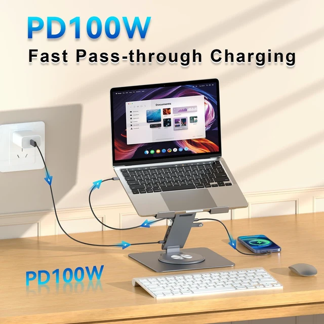 Alt view image 5 of 7 - Laptop Docking Station Stand 11-IN-1 Triple Display HDMI DP 4K60Hz Gigabit Ethernet USB3.1 PD100W SD/TF Card Reader Audio 360°Swivel Laptop Stand with USB Hub for MacBookPro/Air/Dell/HP/Surface/Lenovo