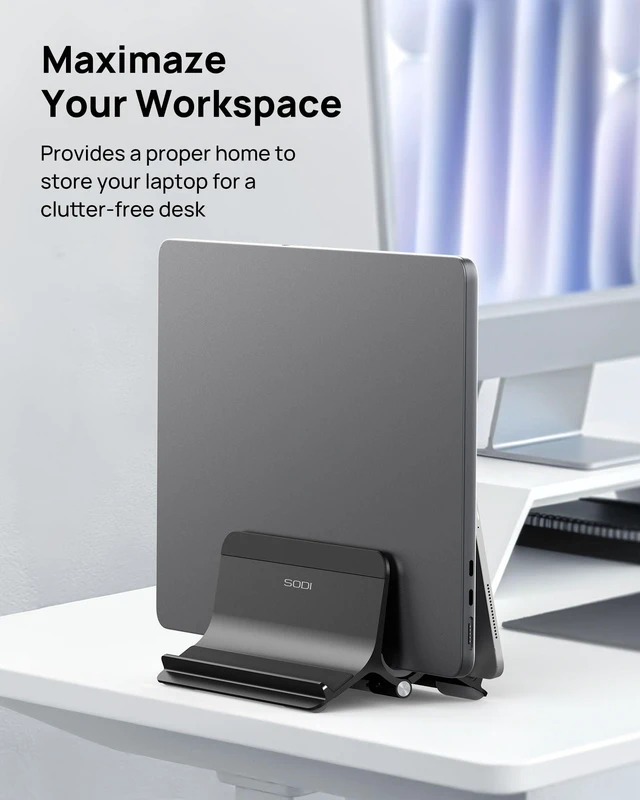 Alt view image 2 of 7 - Vertical Laptop Stand Holder for Desk Compatible with MacBook Air, MacBook Pro Stand Vertical Aluminum Up to 17 inch, Gravity Auto-Lock Cooling, 3-in-1 Space Saving Desk Organizer Accessories