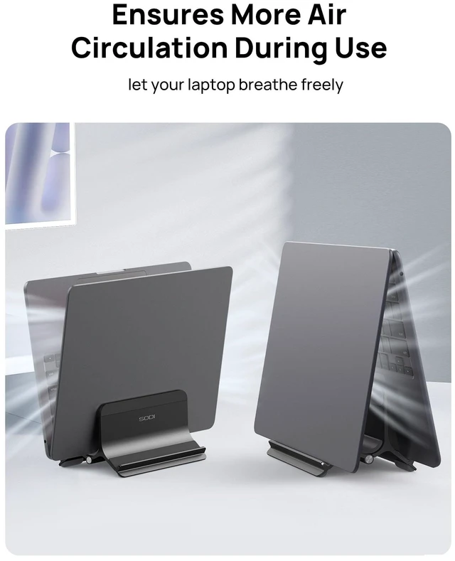 Alt view image 5 of 7 - Vertical Laptop Stand Holder for Desk Compatible with MacBook Air, MacBook Pro Stand Vertical Aluminum Up to 17 inch, Gravity Auto-Lock Cooling, 3-in-1 Space Saving Desk Organizer Accessories