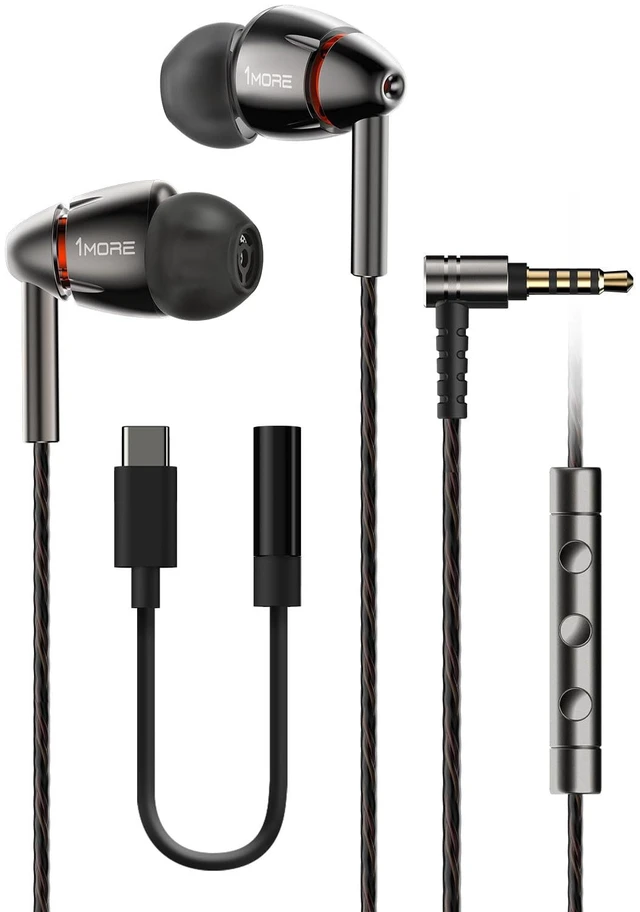 Main image of Quad Driver in-Ear Earphones Hi-Res High Fidelity Headphones Warm Bass, Spacious Reproduction, High Resolution, Mic in-Line Remote Smartphones/PC/Tablet - Silver/Gray