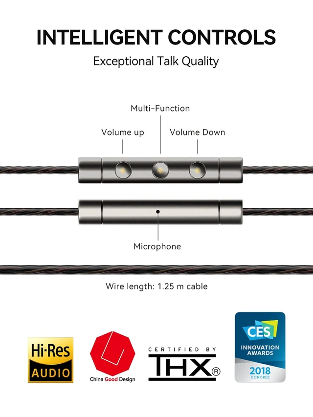 Alt view image 2 of 6 - Quad Driver in-Ear Earphones Hi-Res High Fidelity Headphones Warm Bass, Spacious Reproduction, High Resolution, Mic in-Line Remote Smartphones/PC/Tablet - Silver/Gray