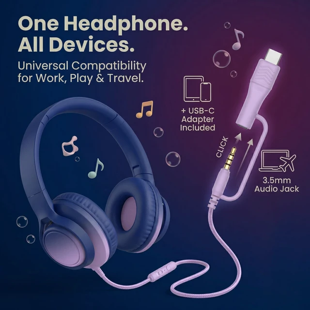 Alt view image 2 of 7 - Kids Wired Headphones, 85/94dB, Mic, USB-C Adapter, Midnight Blue 85/94dB volume control, foldable over-ear design, built-in mic, 3.5mm jack, and USB-C adapter for school and travel