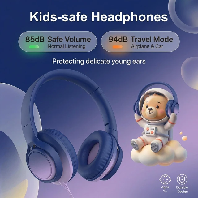 Alt view image 3 of 7 - Kids Wired Headphones, 85/94dB, Mic, USB-C Adapter, Midnight Blue 85/94dB volume control, foldable over-ear design, built-in mic, 3.5mm jack, and USB-C adapter for school and travel