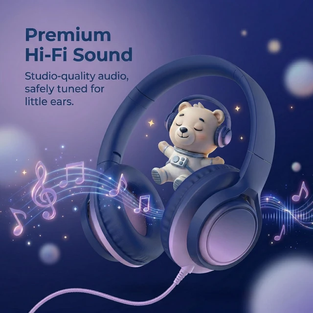 Alt view image 4 of 7 - Kids Wired Headphones, 85/94dB, Mic, USB-C Adapter, Midnight Blue 85/94dB volume control, foldable over-ear design, built-in mic, 3.5mm jack, and USB-C adapter for school and travel