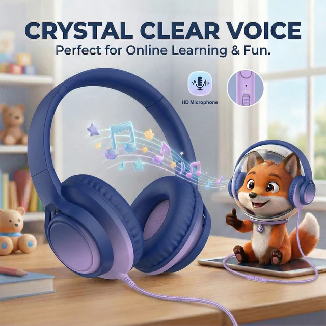 Alt view image 5 of 7 - Kids Wired Headphones, 85/94dB, Mic, USB-C Adapter, Midnight Blue 85/94dB volume control, foldable over-ear design, built-in mic, 3.5mm jack, and USB-C adapter for school and travel