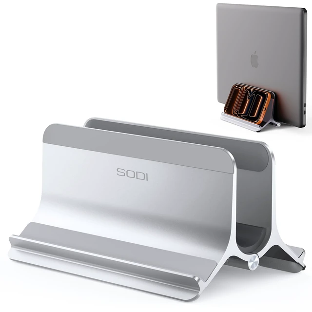 Main image of Vertical Laptop Stand for Desk, Aluminum Laptop Holder Compatible with MacBook Pro, MacBook Air Stand Up to 17 inch, Gravity Auto-Lock Cooling, 3in1 Space Saving Desk Organizer Accessories, Silver