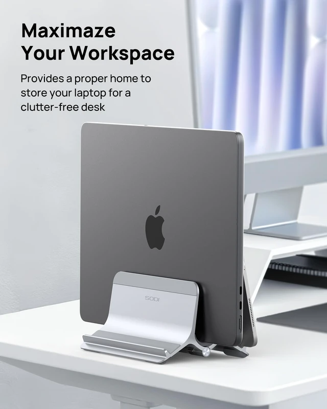 Alt view image 2 of 7 - Vertical Laptop Stand for Desk, Aluminum Laptop Holder Compatible with MacBook Pro, MacBook Air Stand Up to 17 inch, Gravity Auto-Lock Cooling, 3in1 Space Saving Desk Organizer Accessories, Silver
